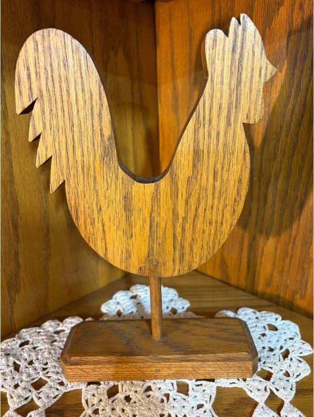 Vintage Handcrafted Wooden Rooster Figurine on Stand | Oak Country Decor
